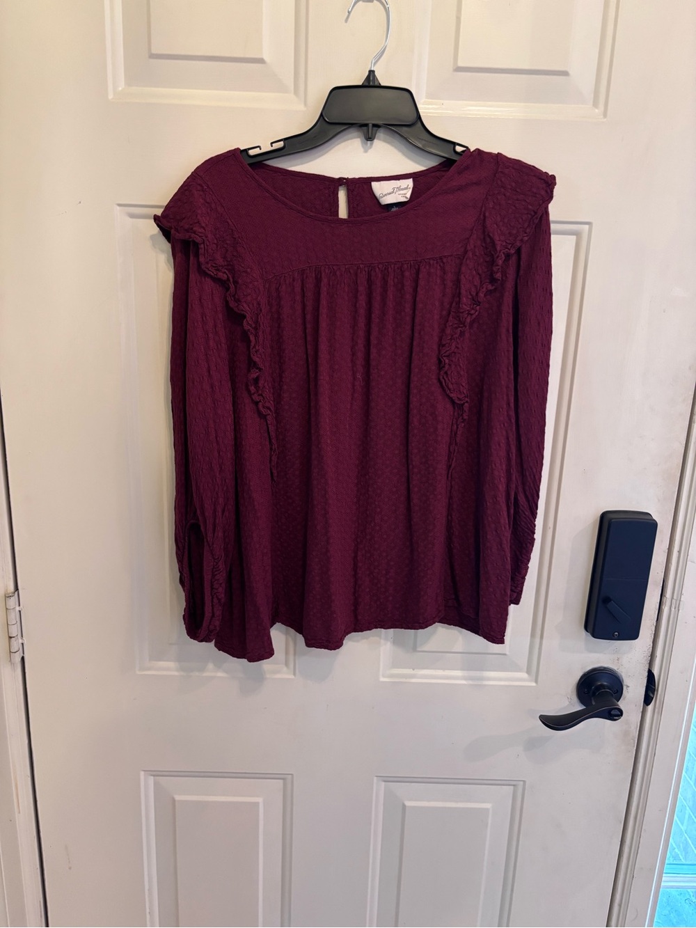 Universal Thread Burgundy Ruffle Trim Long Sleeve Blouse - Picture 2 of 5